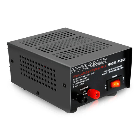 Pyramid Universal Compact Bench Power Supply - 2.5 Amp Linear Regulated Home Lab Benchtop AC-to-DC 12V Converter w/ 13.8 Volt DC 115V AC 50 Watt Power Input, Screw Type Terminals, Cooling Fan PS3KX