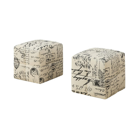 Monarch Specialties I 8162 Children's Cube-Shaped Biscuit-Tufted Pouf - Set of 2 - Upholstered Kids' Ottoman, 12" H, Vintage French Fabric