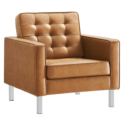 Modway Loft Tufted Button Faux Leather Upholstered Accent Armchair in Silver Tan