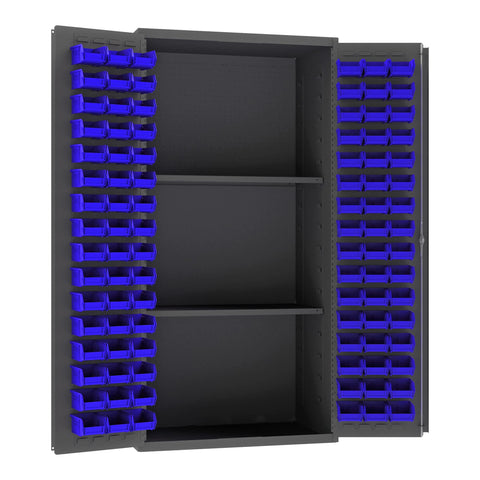 Durham 3501-DLP-PB-96-2S-5295 Lockable Cabinet with 96 Blue Hook-On Bins, 2 Adjustable Shelves, Flush Door Style, Pegboard, 36" Wide, 14 Gauge, Gray