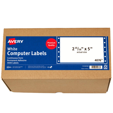 Avery 4076 Dot Matrix Printer Shipping Labels, 1 Across, 2 15/16 x 5, White (Box of 3000)