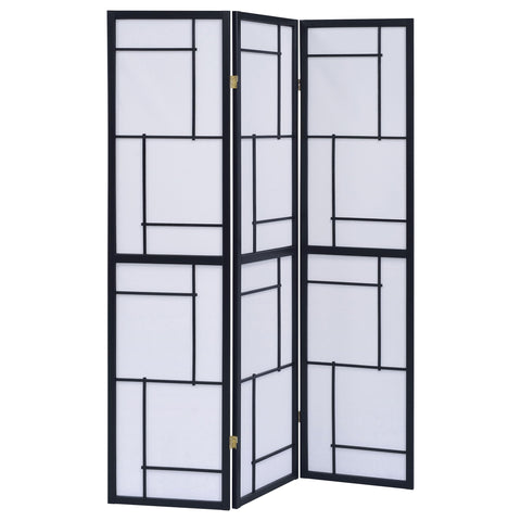 Coaster Home Furnishings - Damis - Solid Wood - 70-Inch 3-Panel Room Divider Folding Shoji Screen with White Paper Panels and Geometric Design - Living Room & Bedroom - Black and White - 900102