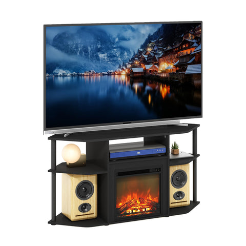 Furinno Jensen Fireplace TV Stand, Corner Entertainment Center, TV Console for TV up to 55 Inch with Fireplace, Plastic Poles and Open Storage, for Living Room, Bedroom, Americano