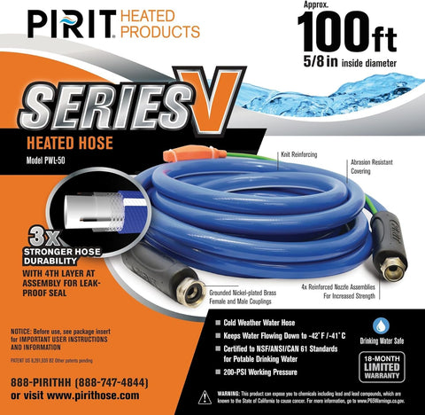 PIRIT Heated Water Hose for RV, Farm & Home - Thermostat Controlled -40°F Freeze Protection - Drink Water Safe - 5/8 Hose (100 Feet)