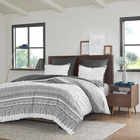 Oakestry 3-Piece Botanic Printed Chic Chevron Chenille Tufting Lightweight Cotton Comforter Set All Seasons with Shams, 2 Shams, Mila, Full/Queen Grey