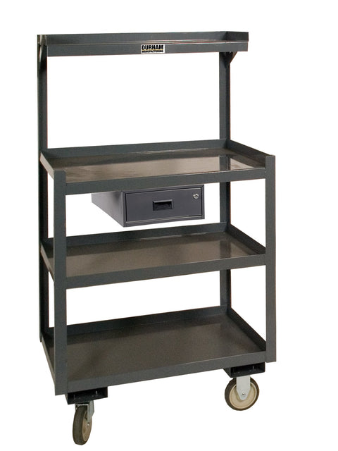 Portable Shop Desk With 5 Inch x 1-1/4 Inch Polyurethane Casters (2) Rigid And (2) Swivel With Side Brakes 4 Shelves 1 Lockable Drawer 1-1/2 Inch Lips Up On Top Shelf 3 Sides And Bottom Shelf On 4 Sides Gray