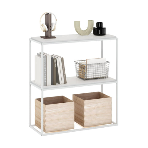 Furinno Moretti Modern Storage Shelves, 2-Tier Wide Stackable Book Shelf, Open Shelves, for Organization and Storage, Living Room, Garage, Home Office, Solid White