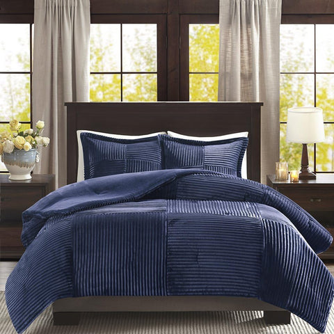 Oakestry 3-Pc Parker Corduroy Ultra Soft Luxury Premium with Plush Comforter Mini Set & Shams, Full/Queen, Navy