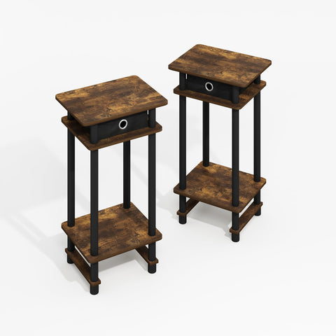 Furinno Turn-N-Tube Tall End Table Side Table with Bin Amber Oak/Black/Black Set of 2