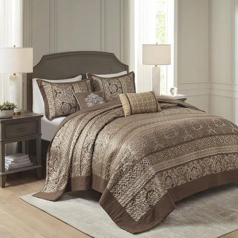 Oakestry 5-Piece Bellagio Reversible Quilted Bedspread Set Matching Shams Printed Lightweight Soft for All Season Bedding Bedspread Queen 102" X 118" Inches Brown