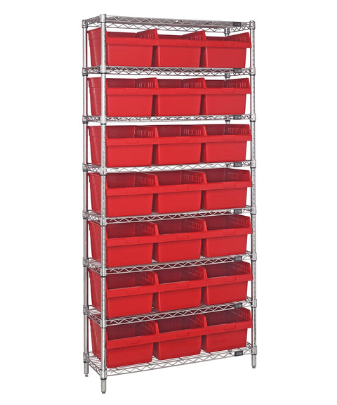 Quantum Storage Systems WR8-810RD Wire Heavy Duty 8 Shelves 21 STORE-MAX Red Bins 74" H x 36" W x 18" D