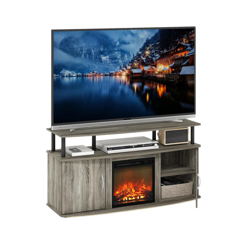 Furinno Jensen Living Room Fireplace Entertainment Center with Doors Storage Cabinet for TV up to 55 Inch French Oak Grey/Black