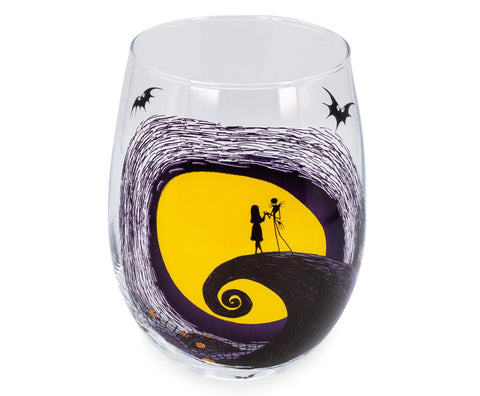 Nightmare Before Christmas Disney The Jack & Sally on Spiral Hill Stemless Wine Glass Cup | Tumbler For Mimosas, Cocktails | Home Barware Decor, Disney Kitchen Accessories | Holds 20 Ounces