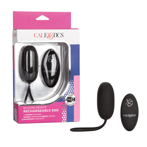 CalExotics Silicone Remote Rechargeable Egg Bullet Vibrator, Waterproof and Silicone 12-Function Stimulator with Easy Retrieval Cord Adult Couple Sex Toy Black SE-0077-30-3