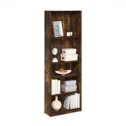 Furinno JAYA Book Shelf, 5-Tier Bookshelf, Bookcase with Adjustable Shelves, 9.5" x 24.5" x 71.2", for Organization and Storage, for Living Room, Bedroom, Home Office, Amber Pine