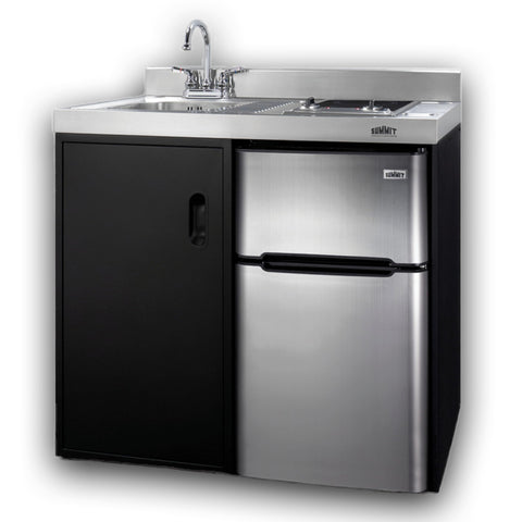 Summit 39" Wide All-In-One Kitchenette, 2-Door Refrigerator-Freezer, 2-Burner Cooktop, Sink, and Storage, Black and Stainless- C39ELGLASSBK