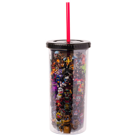 Silver Buffalo Five Nights at Freddy's Special Delivery Collage Plastic Tall Cold Cup with Lid and Straw, 20 Ounces