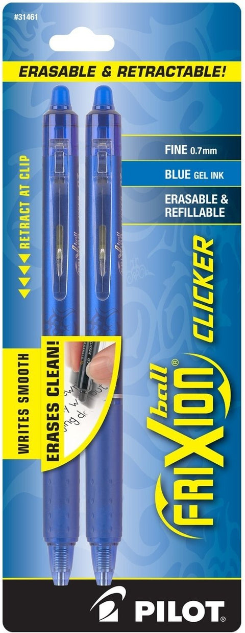 PILOT FriXion Clicker Erasable, Refillable & Retractable Gel Ink Pens, Fine Point, Blue Ink, 2-Pack (31461)