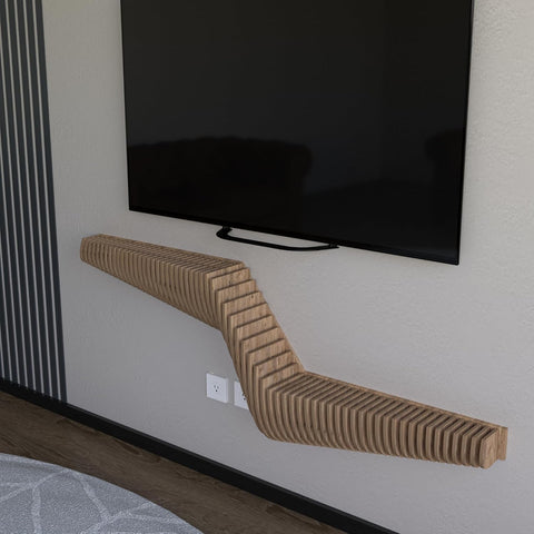 Parametric 57 inch Floating Shelf TV Unit Modern Geometric Wooden Wall Piece Decor Natural Oak Color 3D Wavy Living and Gaming Room Shelf