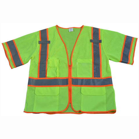 Petra Roc LVM3-CB1-4X/5X Safety Vest Deluxe ANSI Class 3, Two Tone Lime Mesh W/Orange Contrast Binding, Zipper Closure, 5 Pockets/2 Mic Tab, 4X/5X