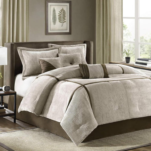 Oakestry 7-Pc Cozy Comforter Set All Season Micro Corduroy Alternative Cozy Bedding Set with Matching Shams King Size (104 in X 92 in), Dallas Taupe/Brown