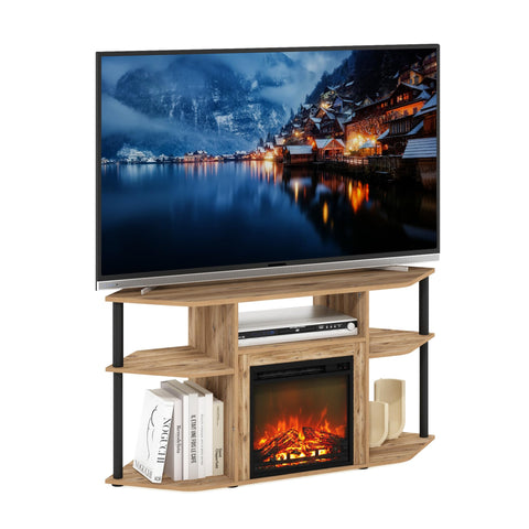Furinno Jensen Fireplace TV Stand, Corner Entertainment Center, TV Console for TV up to 55 Inch with Fireplace, Plastic Poles and Open Storage, for Living Room, Bedroom, Flagstaff Oak