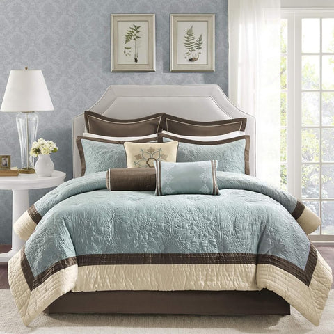 Oakestry 9-Pc Cozy Lightweight Quilted Comforter Set Luxury Faux Suede Design All Season Decorative Pillow and Bed Skirt, Queen(92"X96"), Juliana Blue