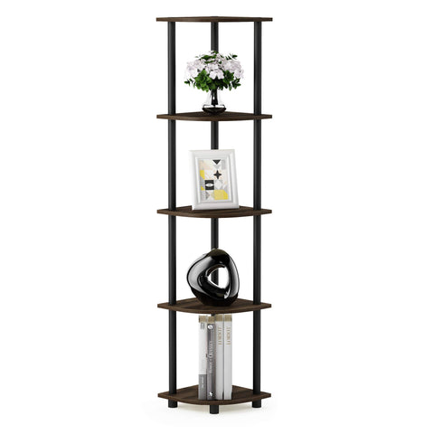 Furinno TURN-N-TUBE Corner Shelf, 5-Tier Corner Bookshelf, Open Storage Shelves, for Organization and Storage, Living Room, Home Office, Garage, Bedroom, Columbia Walnut