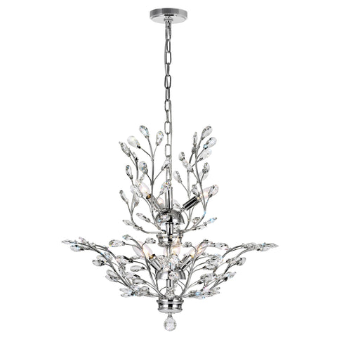 Ivy 9 Light Chandelier, 28 Inch Wide Chrome Finish with Crystal Leaves, Elegant Dining Room & Foyer Lighting, Modern Branch Design