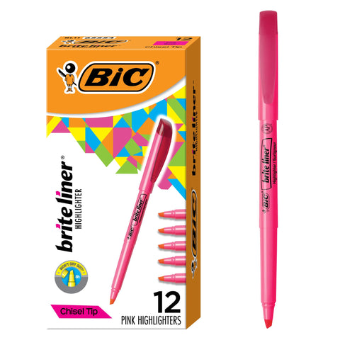 BIC Brite Liner Highlighters, Chisel Tip, 12-Count Pack of Pink Highlighters, Ideal Highlighter Set for Organizing and Coloring