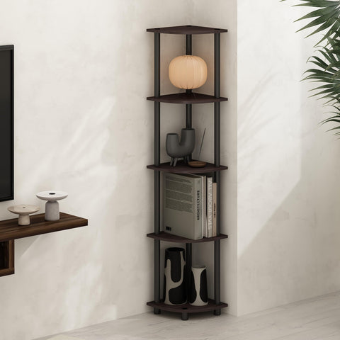 Furinno Turn-N-Tube 5 Tier Multipurpose Corner Display Rack Shelving Unit Dark Walnut
