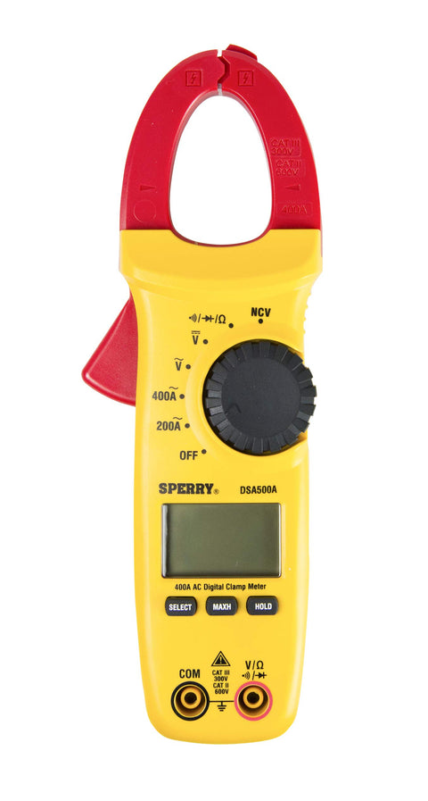 Gardner Bender Sperry Instruments DSA500A Digital Snap-Around Clamp Meter, 5 Function, 9 Range, 400-600V AC/DC, with Case, Measures Outlet & Panel Voltage, Yellow