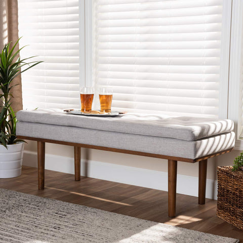 Baxton Studio Rika Mid-Century Modern Greyish Beige Fabric Upholstered Walnut Brown Finished Boomerang Bench