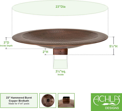 Achla Designs BBHC-23P 23" Hammered 4x4 Post birdbath, Copper Plated
