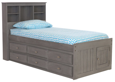 OS Home and Office Furniture Model 0217TFTRU-22 Solid Pine Mission Staircase Twin over Full Bunk Bed with Four Drawer Chest and a Roll Out Twin Trundle bed in Casual White.