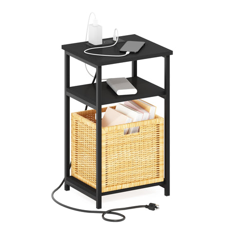 Furinno Moretti Side Table, 3-Tier Modern End Table with Charging Station, Metal Frame Night Stand, Bedside Table with USB and Type-C Charging Port, for Living Room, Bedroom, Americano