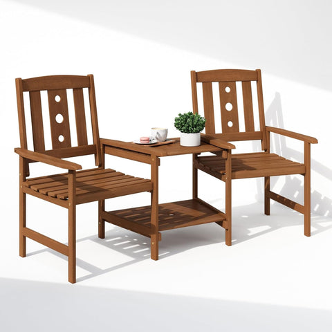 Oakestry Patio Bistro Set with Integrated Coffee Table and Umbrella Slot Outdoor Dining Furniture for Garden, Porch, and Terrace in Natural Wood-Look Finish