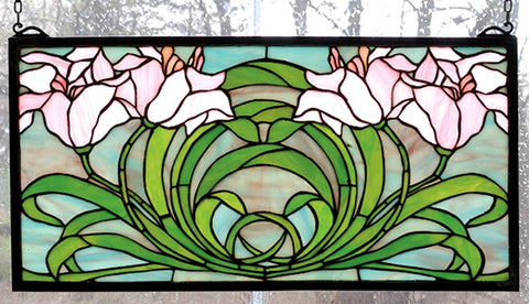 Meyda Tiffany 79950 Leaf, Flower, Fruit Window from Calla Lily Collection in Naw Pink Green Finish, 22.00 inches, 22" Width x 11" Height