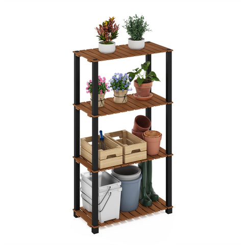 Furinno Pangkor 4-Tier Turn-N-Tube Indoor Outdoor Plant Shelf Wood Stand with Square Poles, Natural/Black