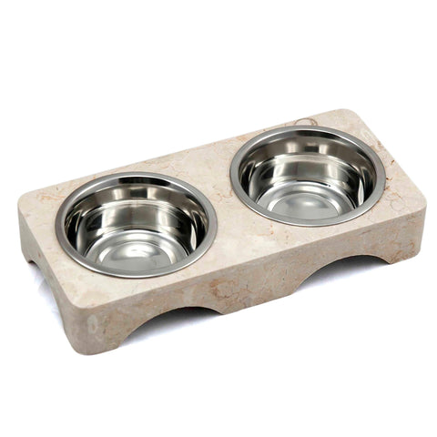 Creative Home 1.0 Quart Natural Champagne Marble Arch Double Diner Pet Food and Water Bowl Set with Removable Stainless Steel Bowls for Cats Dogs, 7.5 x 15.8 x x 2.8 H Inch, Beige