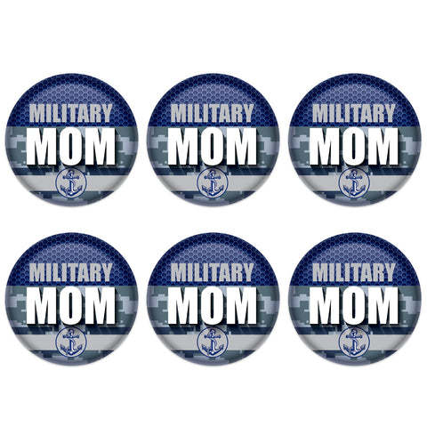 Beistle Military Mom Buttons – 6-Pack 2” Patriotic Pin-Back Badges with Navy Digital Camouflage and Anchor Icon for Military Family Events, Veteran Support and Parade Pride