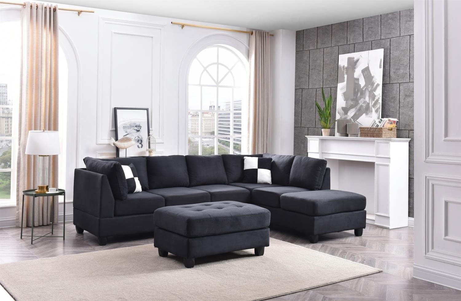 Malone 111 in. Black Suede 4-Seater Sectional Sofa with 2-Throw PillowPassion Furniture Indoor Modern Home Decorative Cushioned Tufted