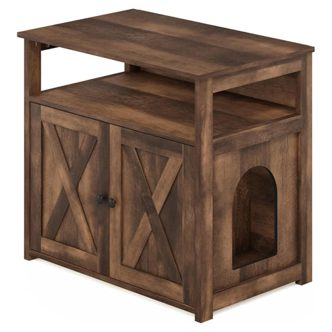 Oakestry Farmhouse Cat Litter Cabinet Storage with 2 Doors Rustic Brown Pet Furniture Home Organizer Durable Stylish Compact Wood