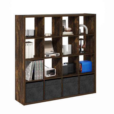 Furinno Cubicle Book Shelf, 16-Cube Bookshelf, Extra Thick Frame Reversible Bookcase with Open Back, 14.6" x 58" x 58", for Living Room, Bedroom, Home Office, Amber Pine