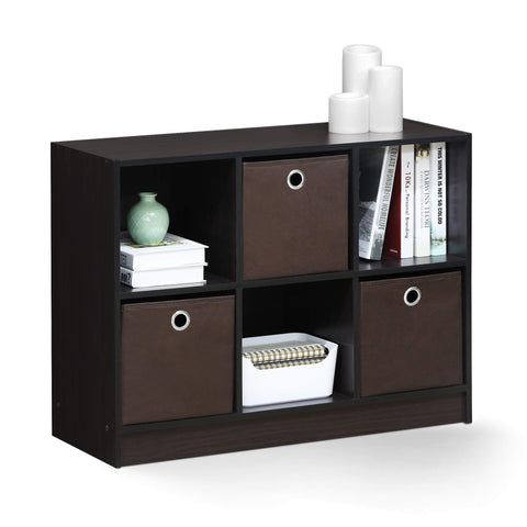 Furinno BASIC Book Shelf, 6-Cube Bookshelf with Open Shelf, 3 x 2 Bookcase with Storage Bins, Closed Back, Horizontal, 11.9 x 31.6 x 23.6, for Living Room, Bedroom, Home Office, Dark Walnut