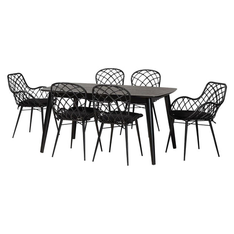 Oakestry 7-Pc Aniceta Modern Black Wood Dining Set with Rectangular Table Six Upholstered Chairs Stylish Comfortable Durable Dining Room Furniture for Family Meals Special Gatherings