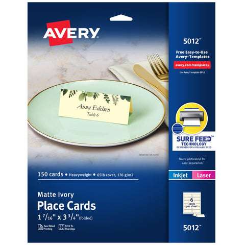 Avery Printable Place Cards with Sure Feed Technology, 1-7/16" x 3-3/4", Textured Ivory, 150 Blank Tent Cards for Laser or Inkjet Printers (5012)