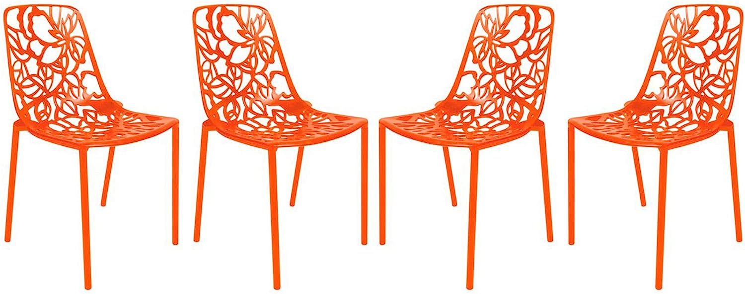 LeisureMod Devon Modern Aluminum Indoor-Outdoor Stackable Dining Chair Set of 4, Orange