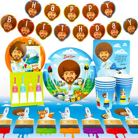 Bob Ross and Friends, Art & Painting Party Supplies (Standard) with Woodland Creatures, Birthday Party Theme, 66 Piece Kit