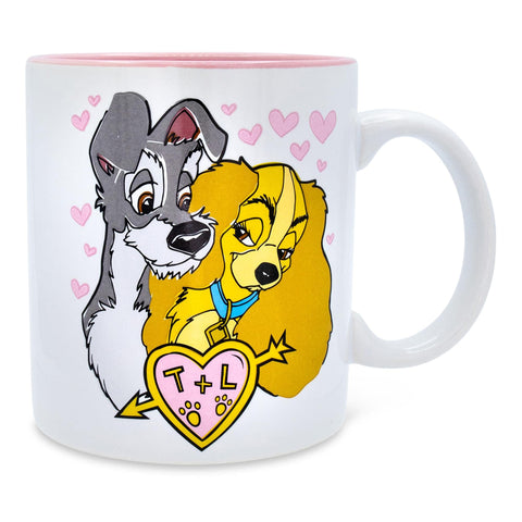 Disney Lady and the Tramp Doodle Sketch Hearts Ceramic Mug | BPA-Free Large Coffee Cup For Espresso, Tea | Holds 20 Ounces